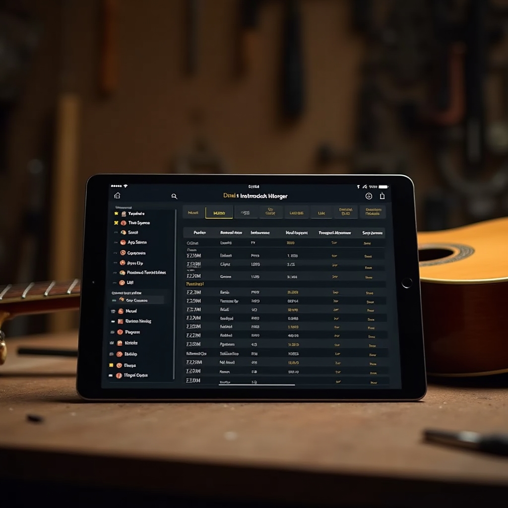 Ficha técnica digital de un instrumento musical con detalles de construcción