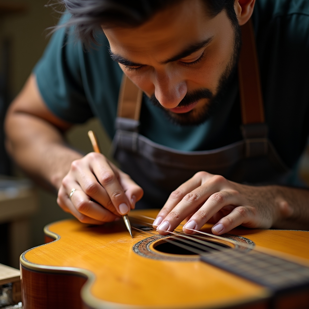 Luthier trabajando en la reparación detallada de un instrumento de cuerda
