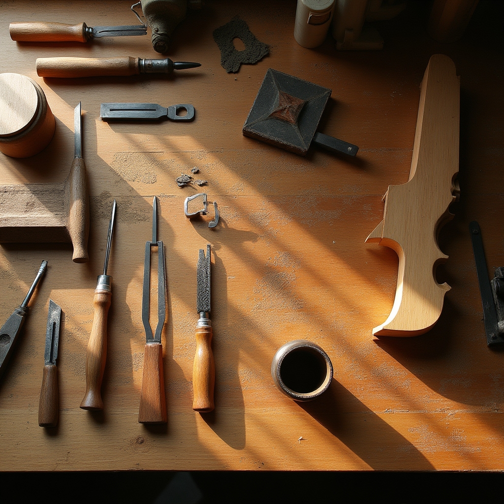 Mesa de trabajo de un luthier con herramientas especializadas y un instrumento en proceso